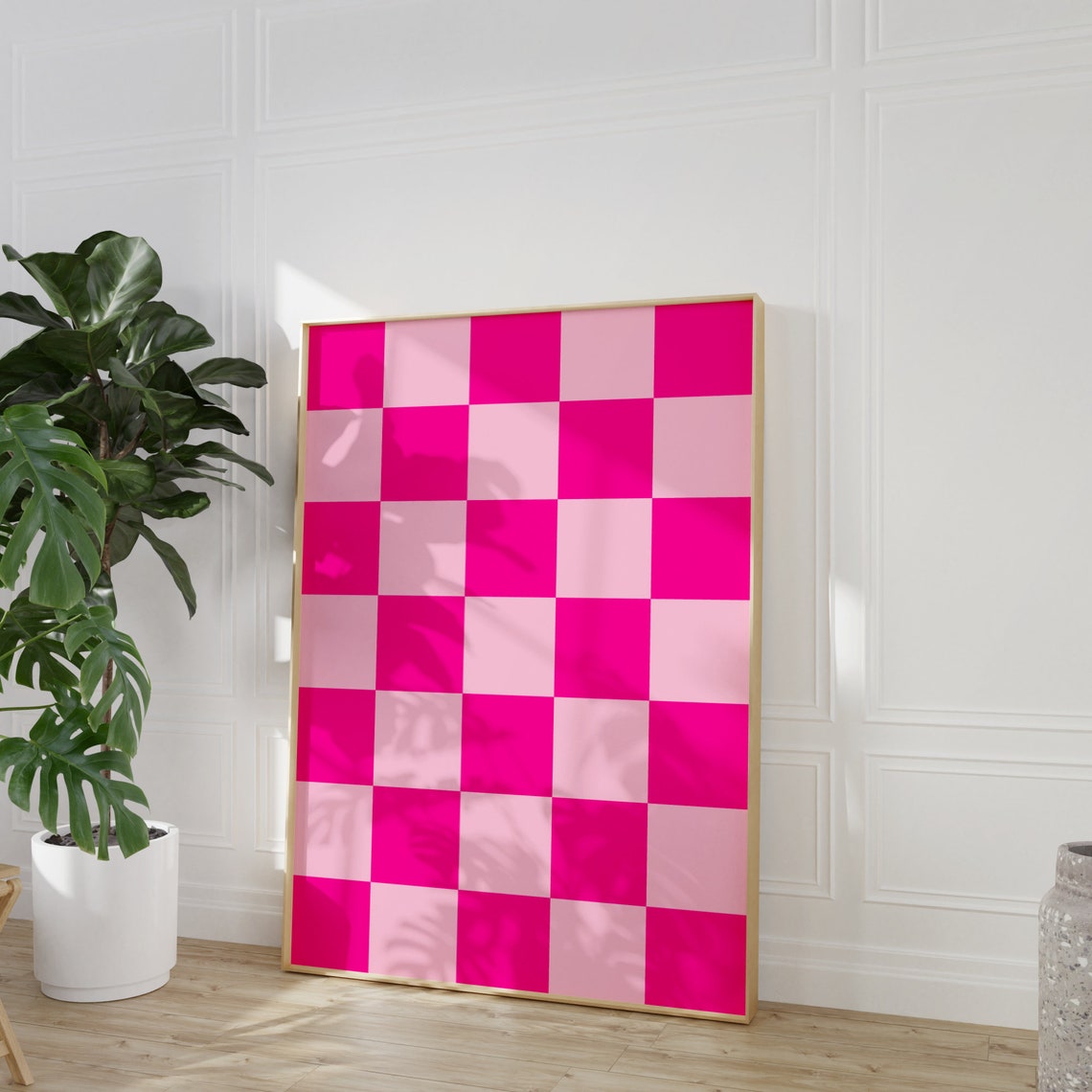 Hot Pink Checkerboard Pattern Retro Checkerboard Trendy Decor Wall Art - Image 3