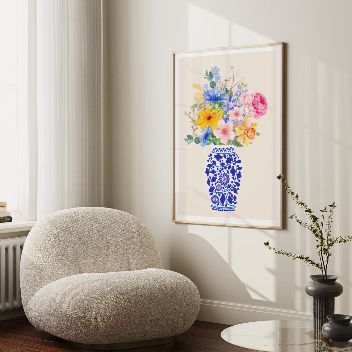 Blue Chinoiserie Vase Watercolor Poster Colorful Wildflower Art Decor - Image 2