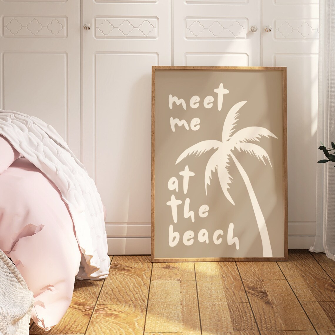 Meet Me At The Beach Palm Poster Taupe Coastal Quote Wall Decor Art - Image 2