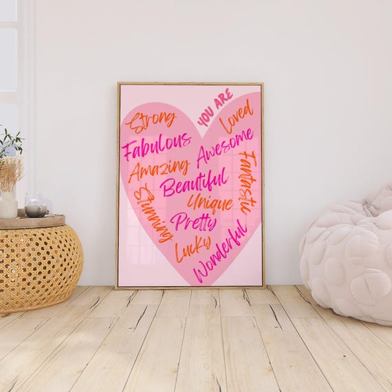 You Are Amazing Wall Art Pink Orange Heart Print Retro Trendy Wall Art Dorm Room Decor Aesthetic Coquette Daily Affirmation Art