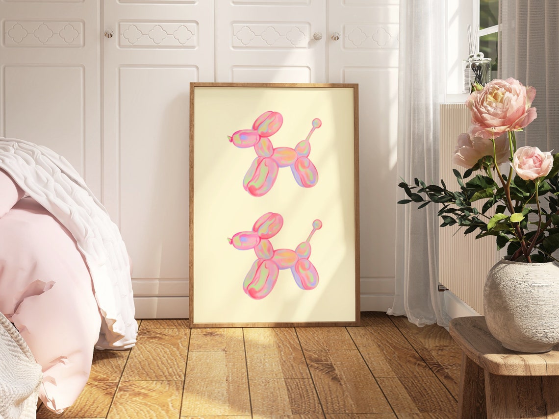 Pink Pastel Balloon Dog Pair Fun Retro Kids Nursery Decor Poster - Image 2