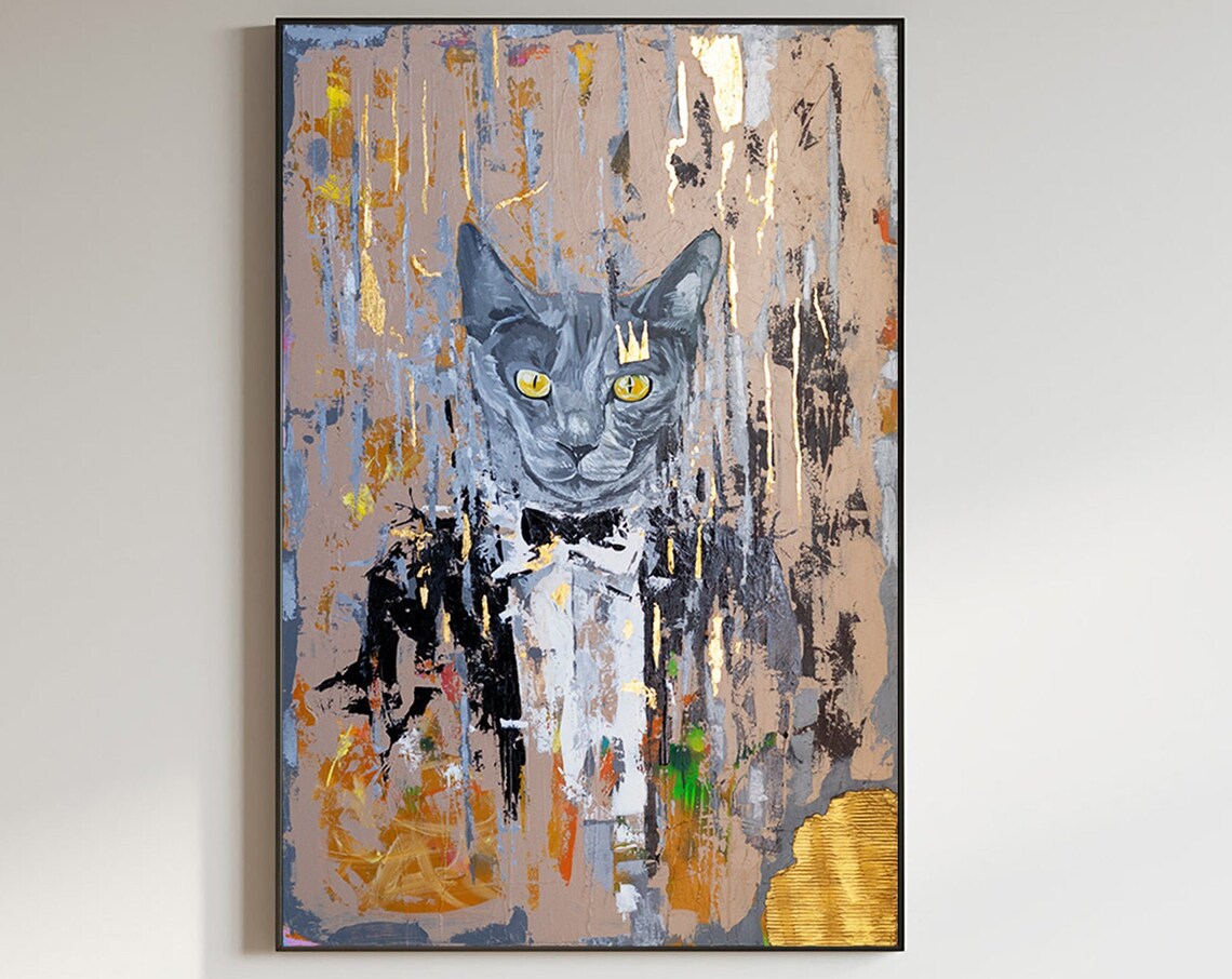 Crowned Grey Cat In Bowtie Fancy Animal Painting By Ron Deri Poster - Image 2