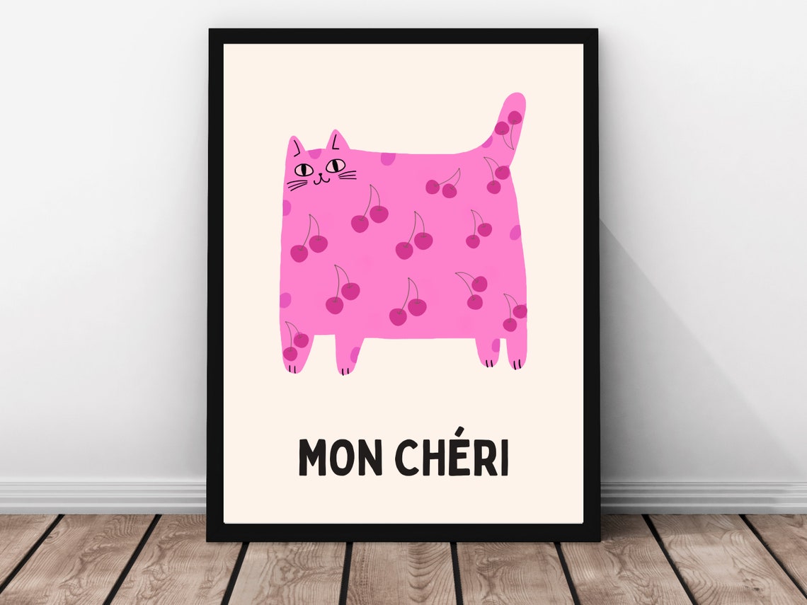 Mon Cheri Pink Chunky Cat Cherry Pattern French Kitty Poster - Image 4