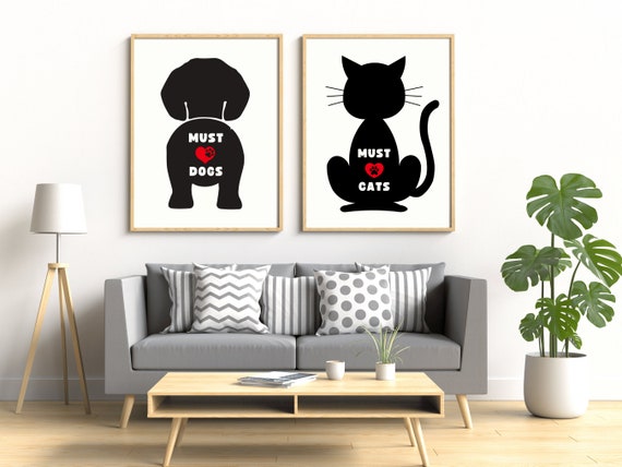 Must Love Cats Print Red Heart Paw Print Poster Cat Silhouette Entryway Bold Black Cat Wall Art Instant