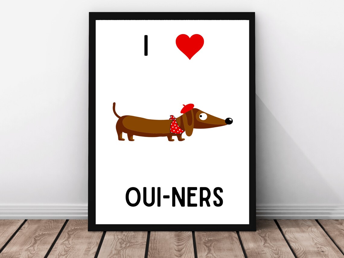 I Love Oui Ners Funny Dachshund French Beret Pun Dog Art Poster - Image 3