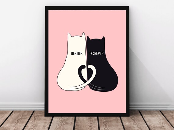 Besties Forever Cat Silhouette Pink Friendship Gift Wall Poster
