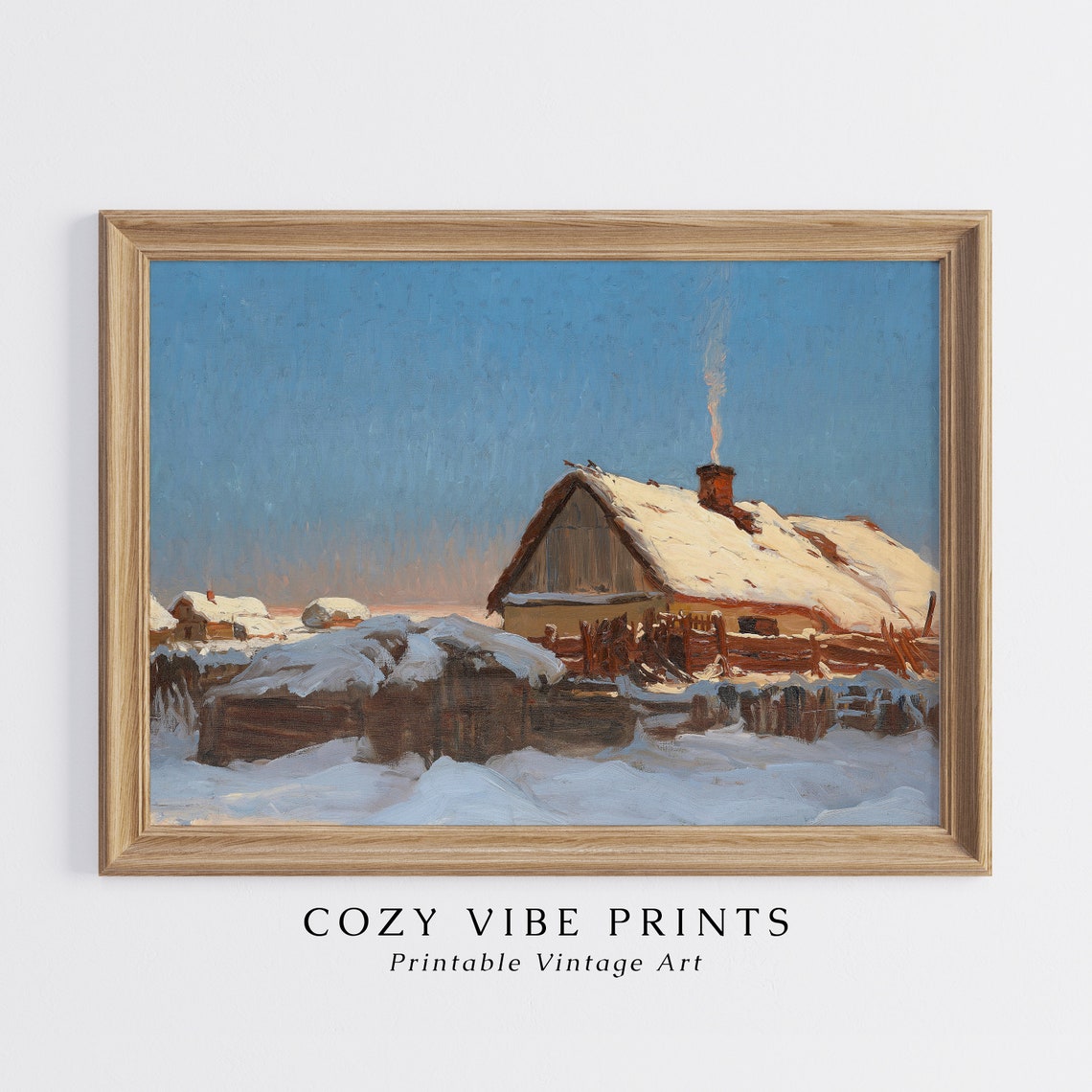 Winter Cabin With Smoking Chimney Snowy Vintage Landscape Wall Art - Image 4