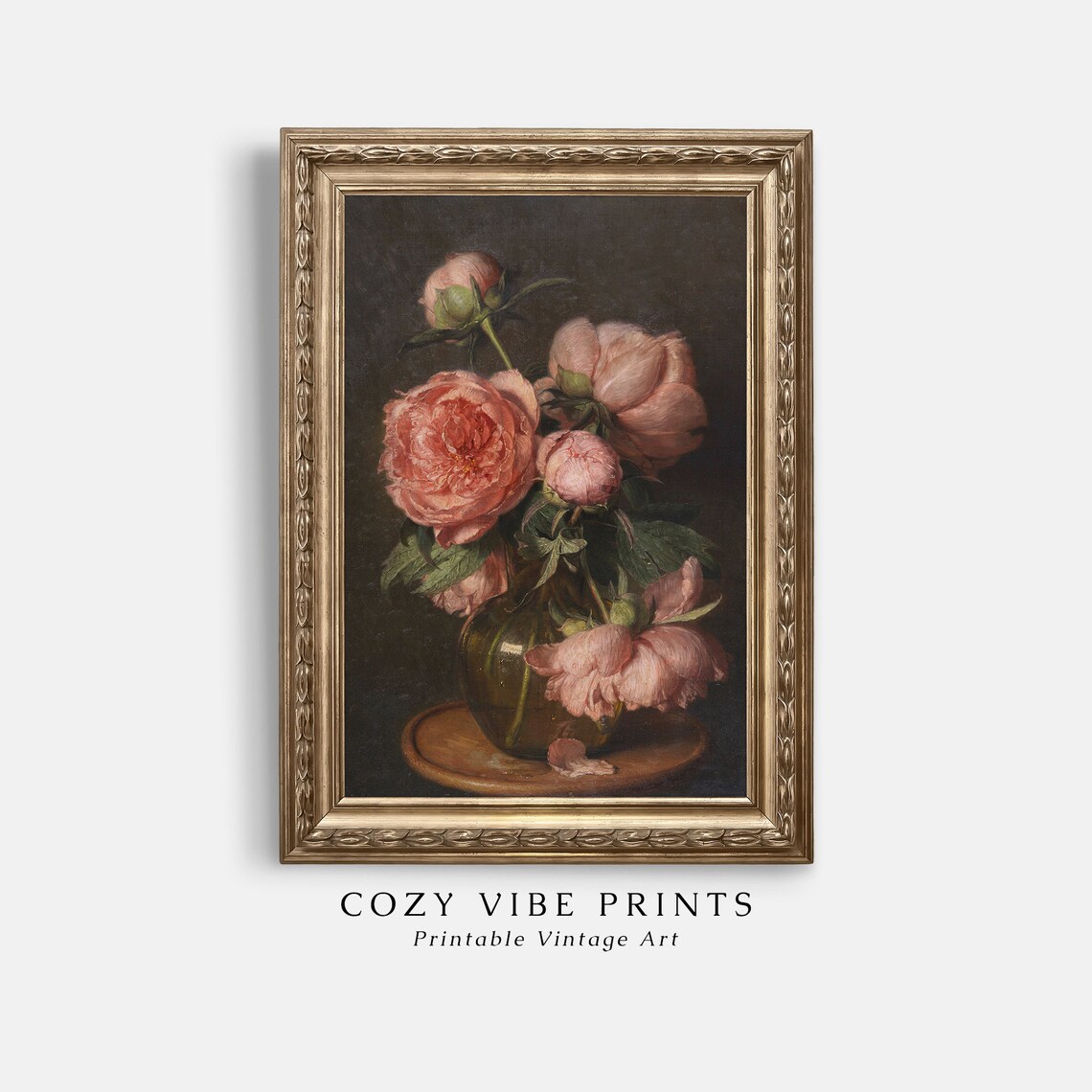 Pink Peonies in Vase Dark Academia Vintage Floral Painting Poster - Image 2