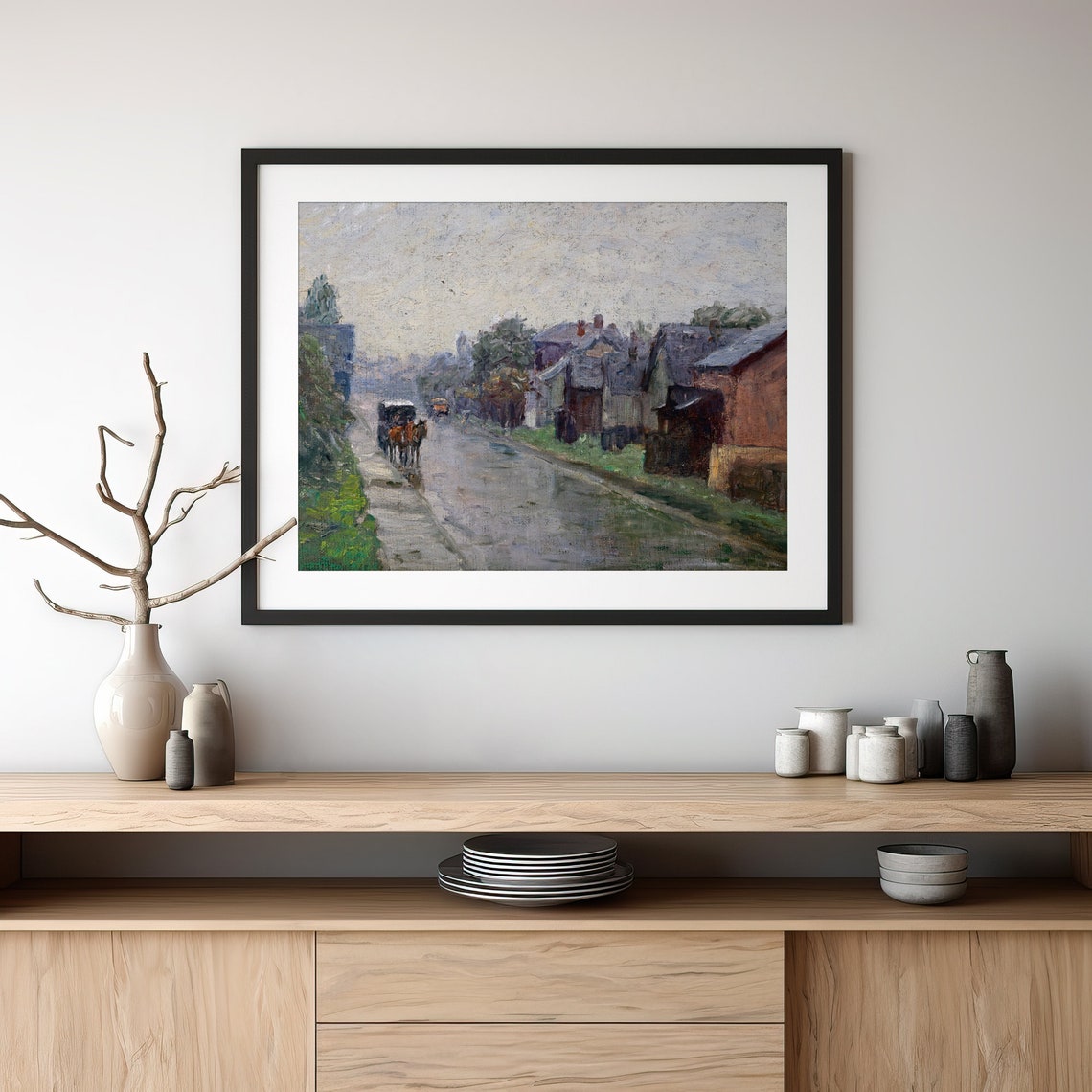 Village Street Scene Painting Landscape Wall Art Horse Carriage On Country Road Print Vintage Farmhouse Decor - Image 3