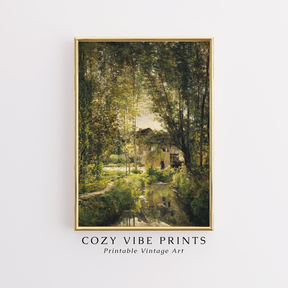 Vintage Summer Stream Through Sunlit Woods Cottage Painting Poster - Image 2