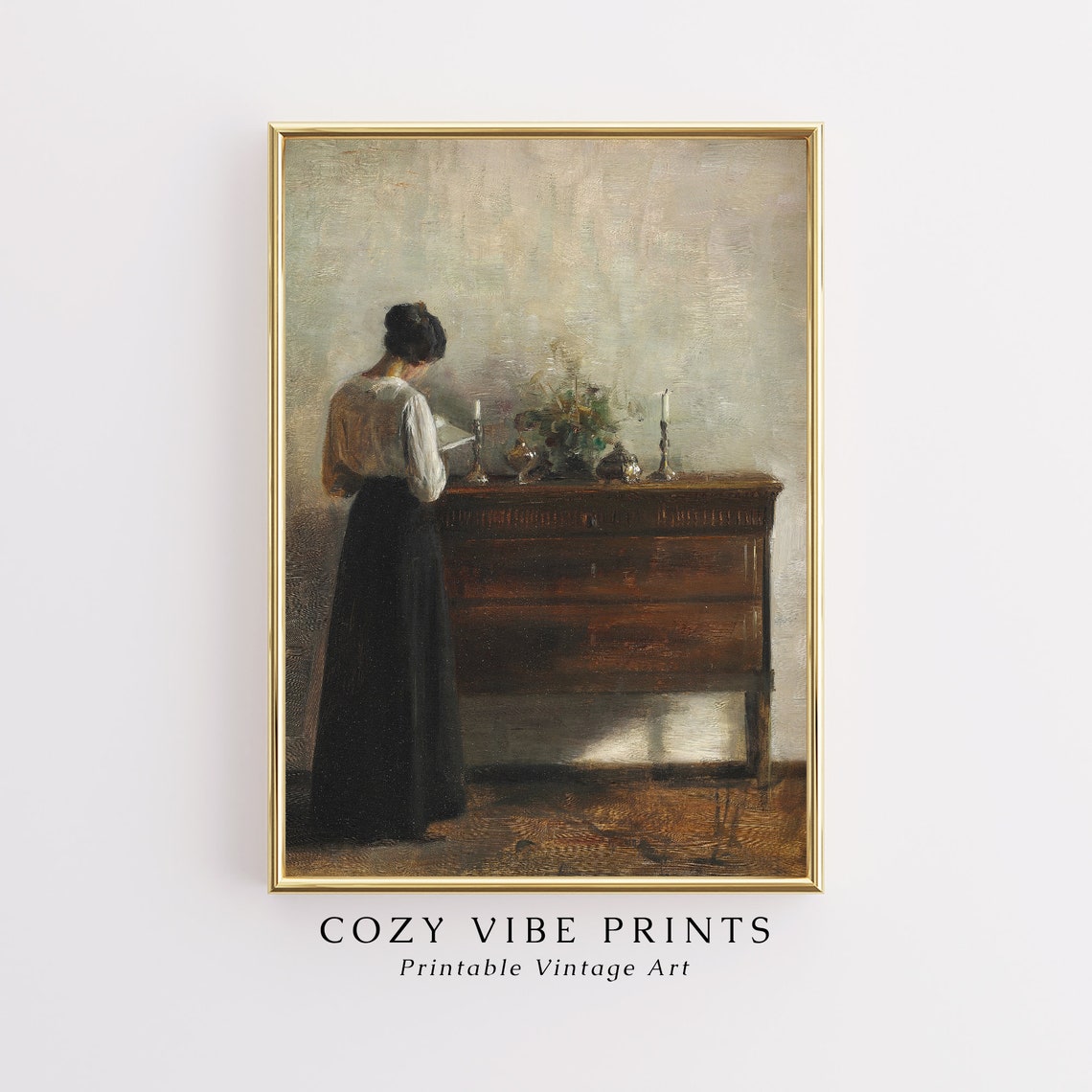 Vintage Woman Reading By Candlelit Sideboard Quiet Interior Oil Poster