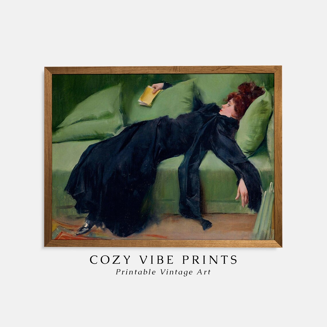 Vintage Woman In Black Gown Reclining On Green Chaise Oil Poster