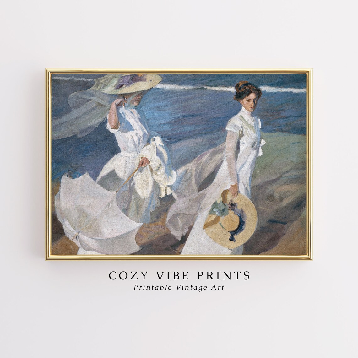 Two Victorian Women on the Beach, Vintage Art Print