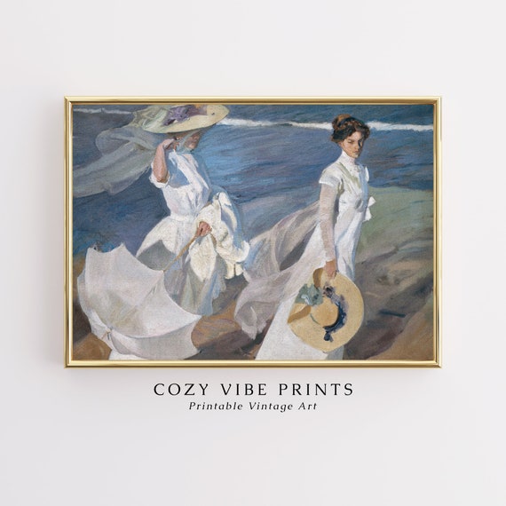 Two Victorian Women on the Beach, Vintage Art Print