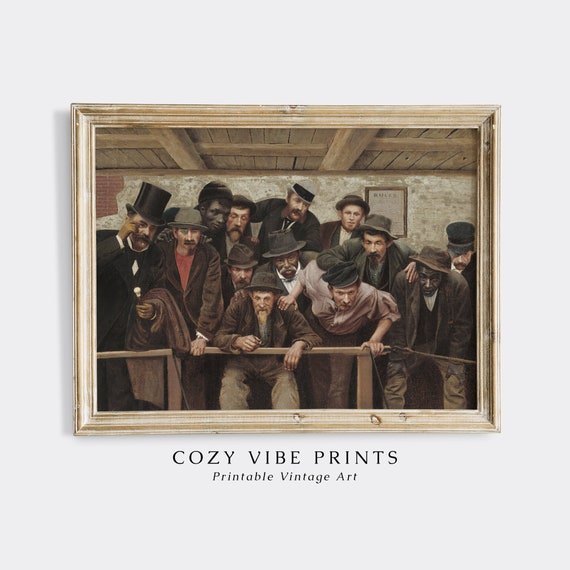 Vintage Industrial Oil Painting Wall Art Antique Rustic Home Decor Moody Vibe Print Men Watch A Cockfight