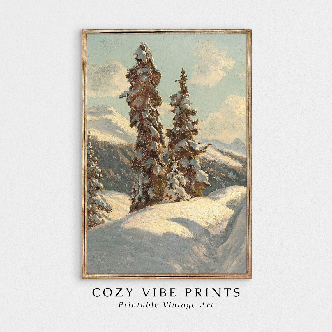 Snow Covered Spruce Trees Winter Mountain Vintage Oil Painting Poster - Image 2