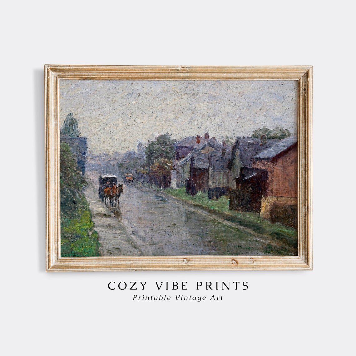 Village Street Scene Painting Landscape Wall Art Horse Carriage On Country Road Print Vintage Farmhouse Decor - Image 2
