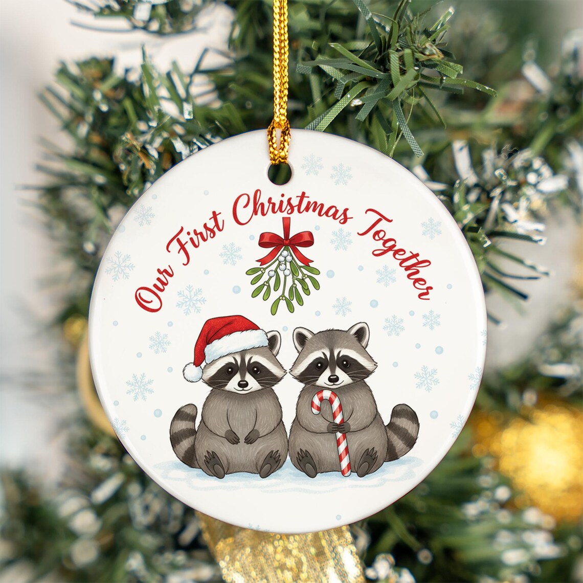Our First Christmas Together Raccoon Mistletoe Cute Couple Ornament Holiday Print
