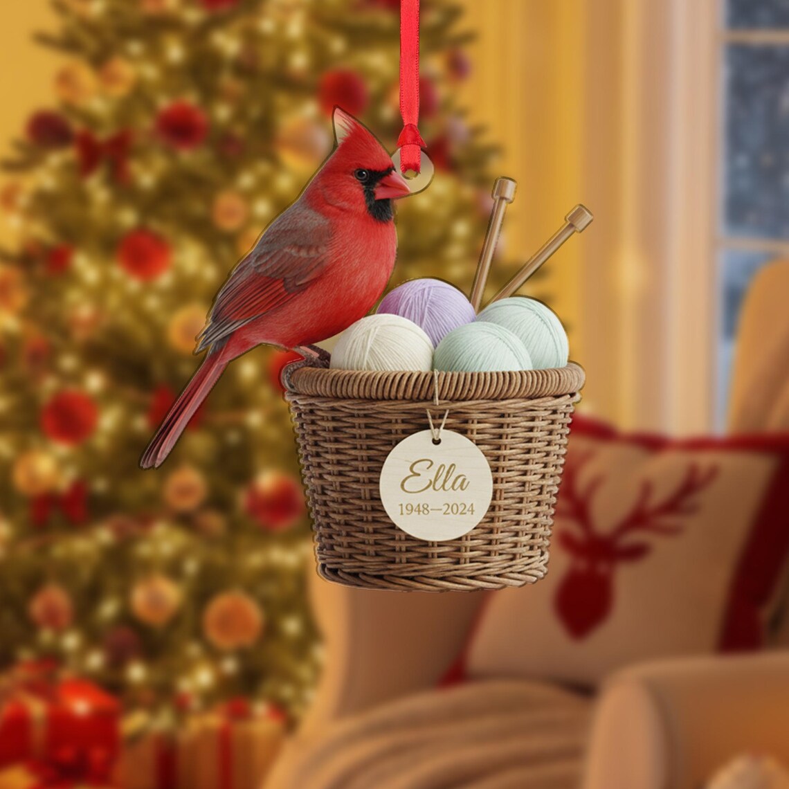 Personalized Knitting Basket Cardinal Memorial Ornament Grief Gift Poster