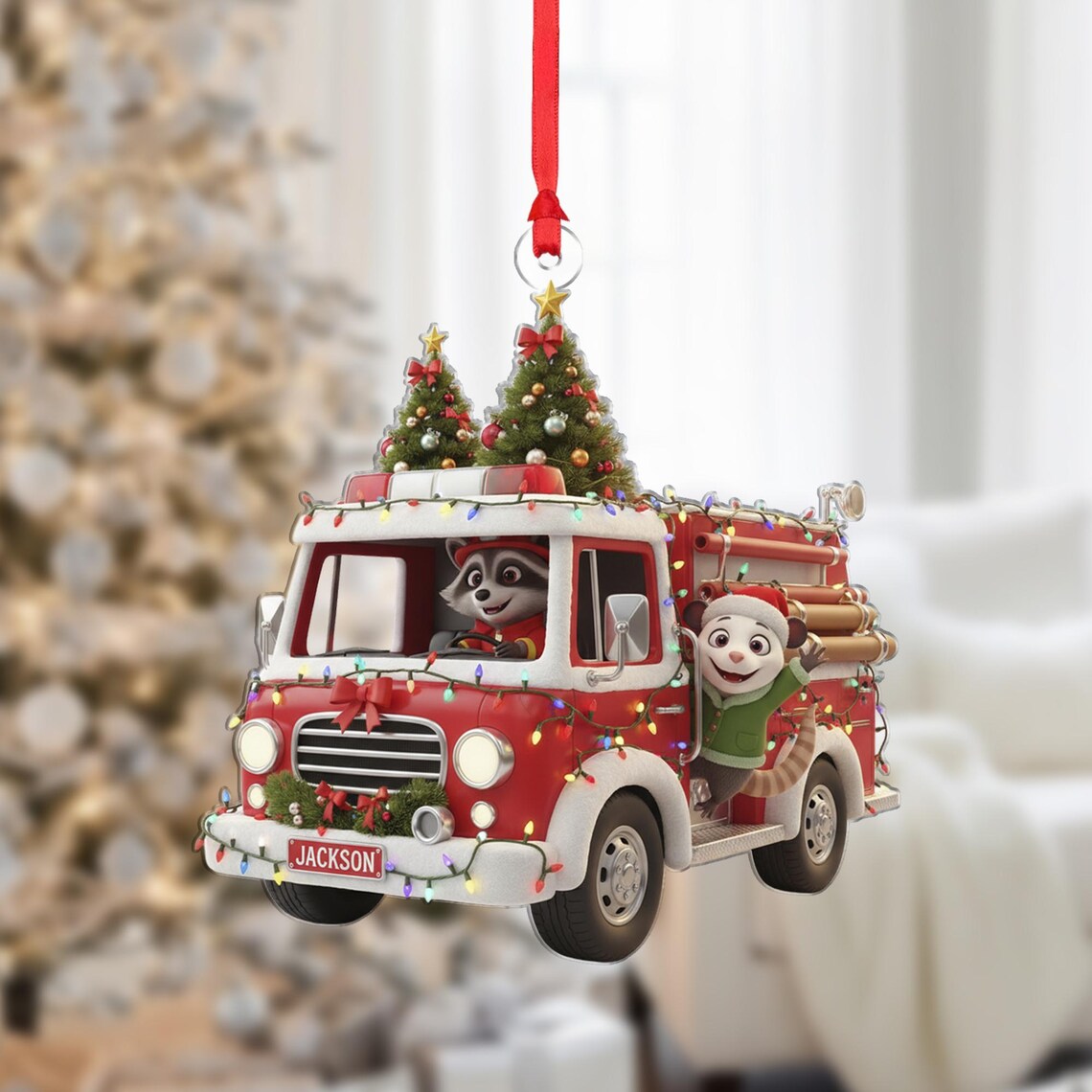 Personalized Fire Truck Ornament Cartoon Raccoon Driver Christmas Gift Poster