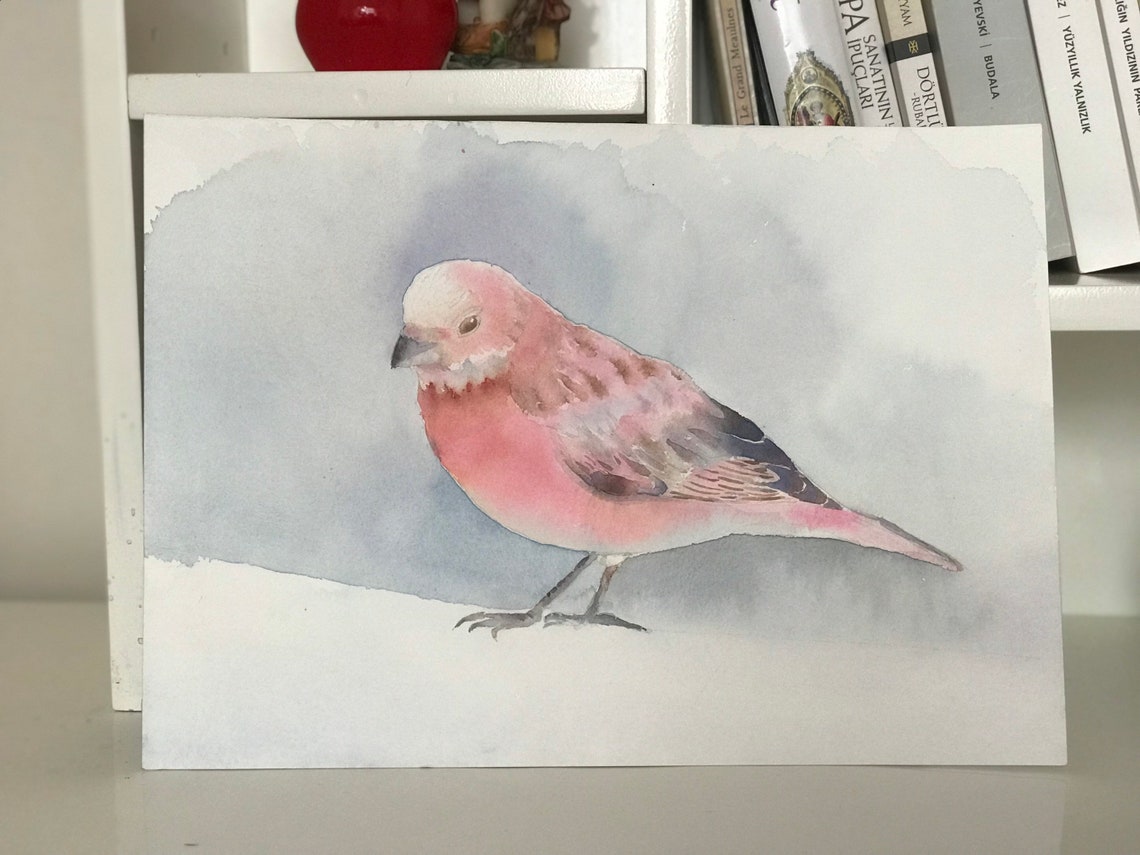 Pink Songbird Watercolor Painting on a Soft Grey Background Poster - Image 3