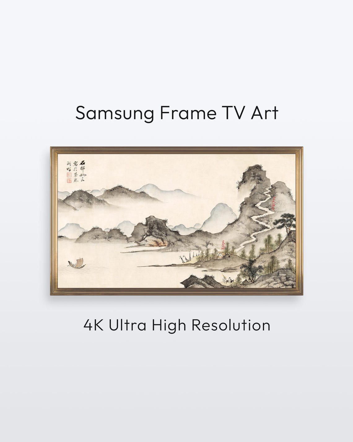 Vintage Asian Ink Mountain Mist Landscape Wall Art for Frame TV