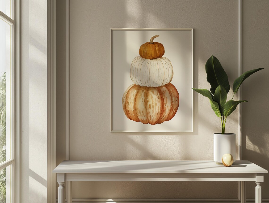 Stacked Pumpkins Watercolor Minimalist Fall Harvest Thanksgiving Wall Art Print - Image 2