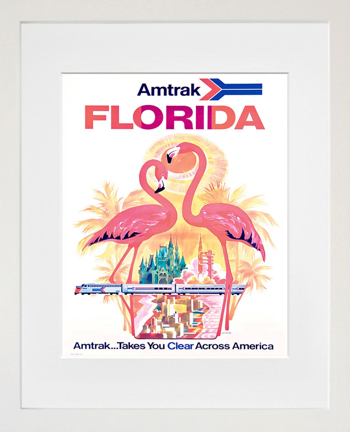 Amtrak Florida Vintage Travel Poster Flamingos Train Palm Trees