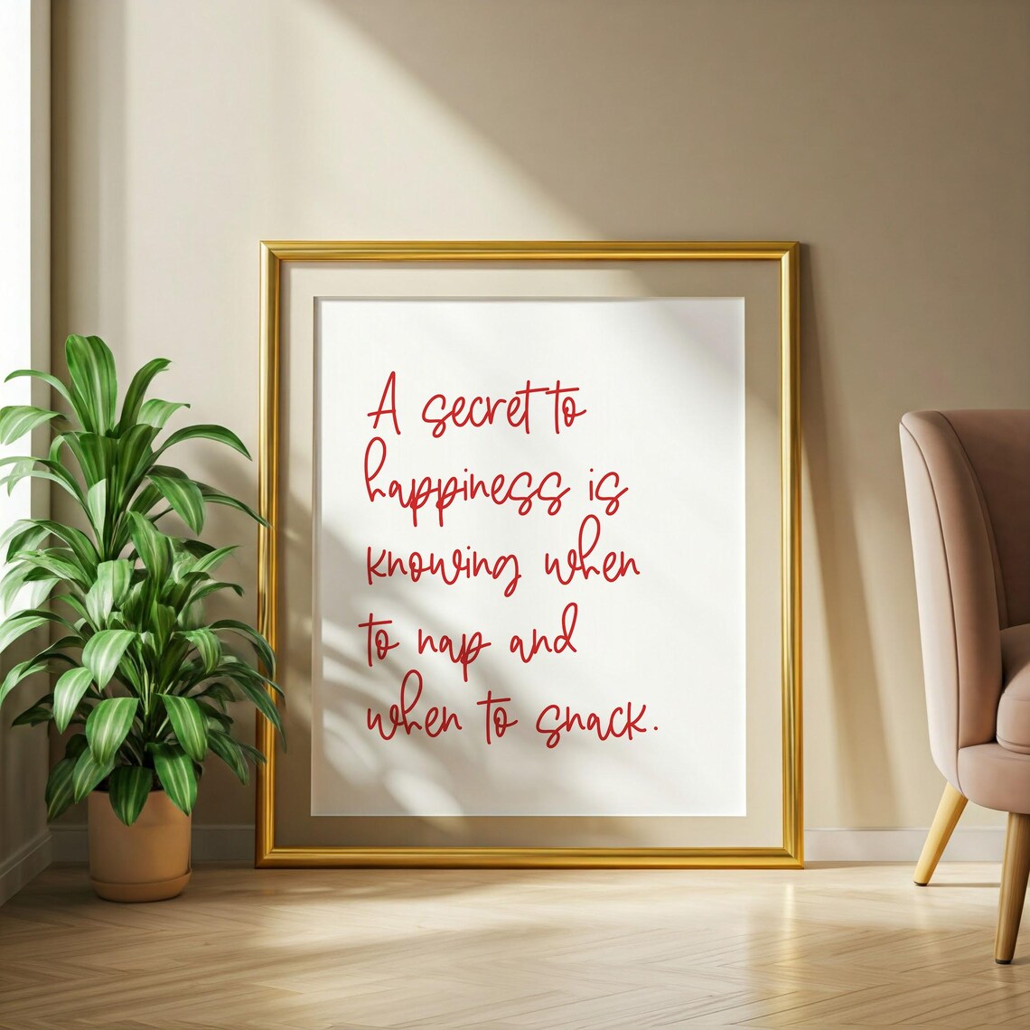 Nap and Snack Secret to Happiness Red Handwritten Quote Poster - Image 3