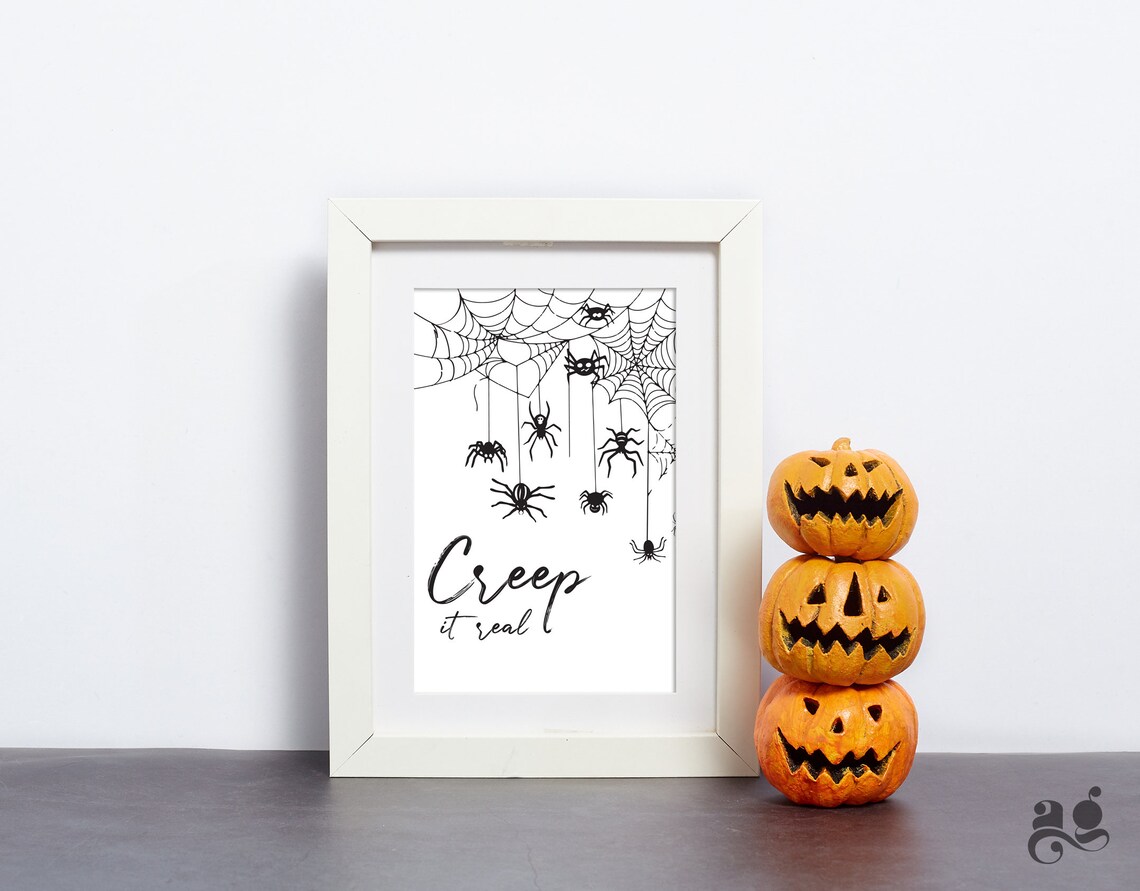 Creep It Real Halloween Spider Poster, Spooky Black and White Party Decor - Image 2