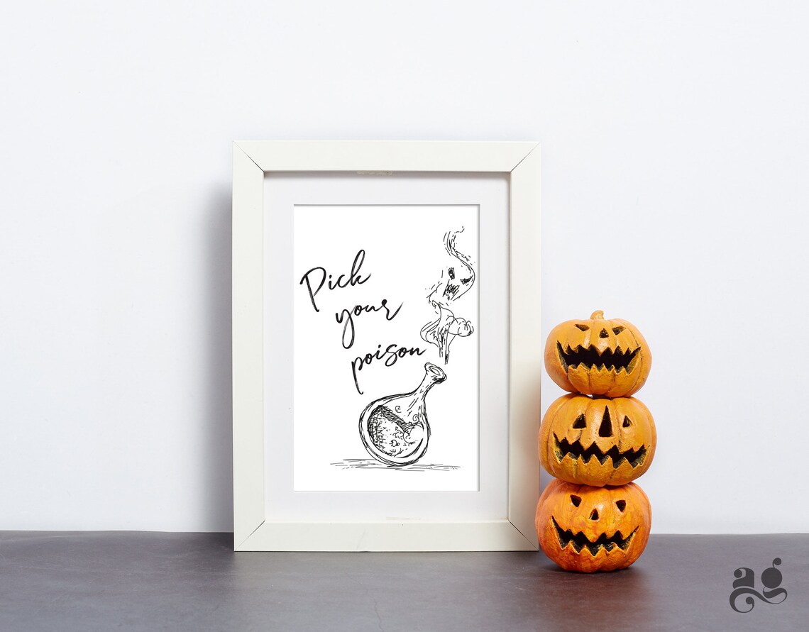 Pick Your Poison Halloween Poster with Potion Bottle, Spooky Bar Decor Sign - Image 2