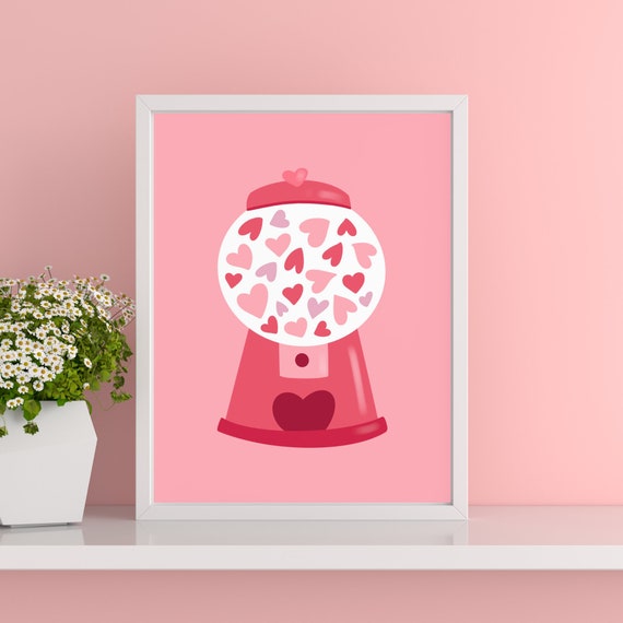 Heart Gumball Print Vday Wall Art Gumball Machine Diy Valentines Day Decor Cute Trendy Red And Pink