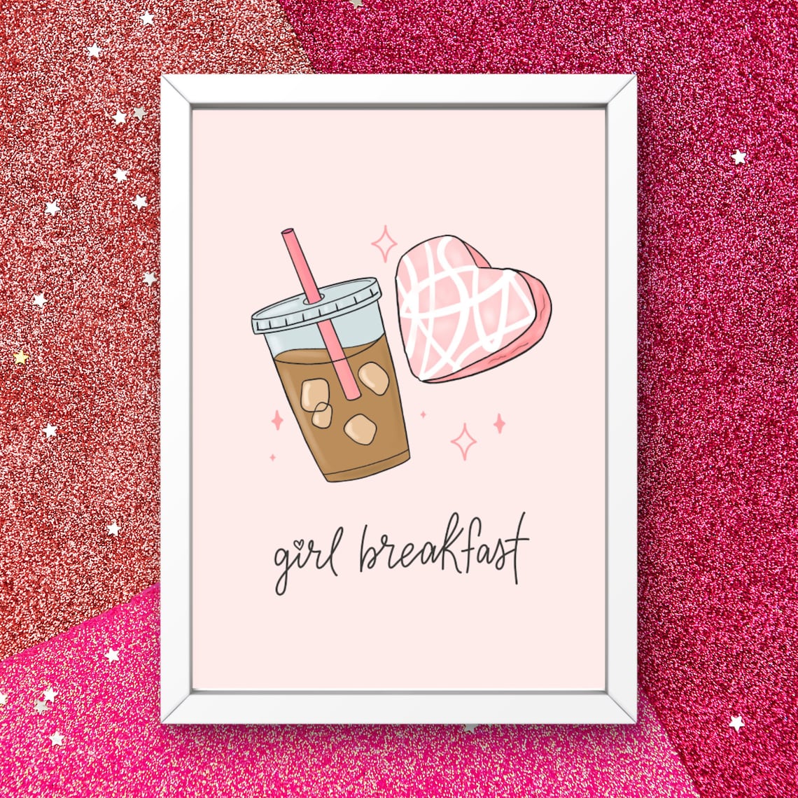 Girl Breakfast Pink Iced Coffee Heart Cake Funny Quote Art Print - Image 2