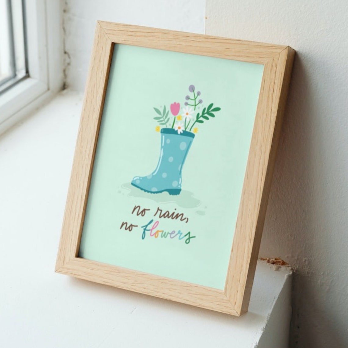 No Rain No Flowers Teal Rain Boot Spring Florals Quote Art Print - Image 2