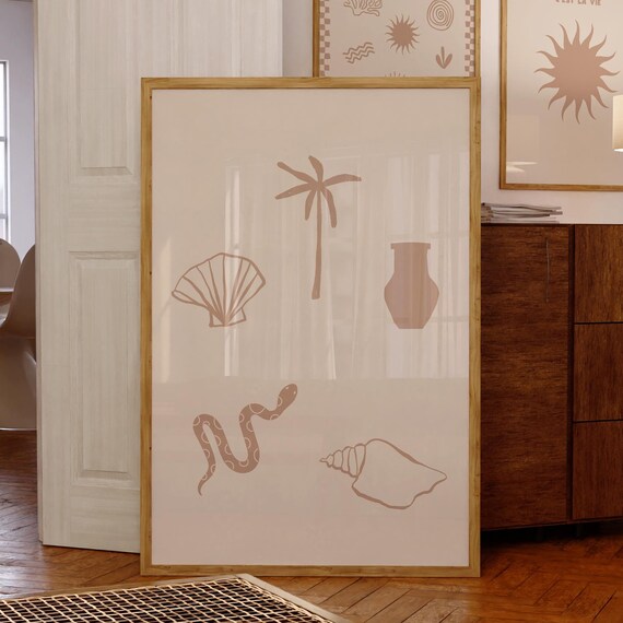Boho Beach Print Coastal Trendy Wall Art Abstract Shell Coral Doodle Print Mediterranean European Summer Aesthetic Print Poster