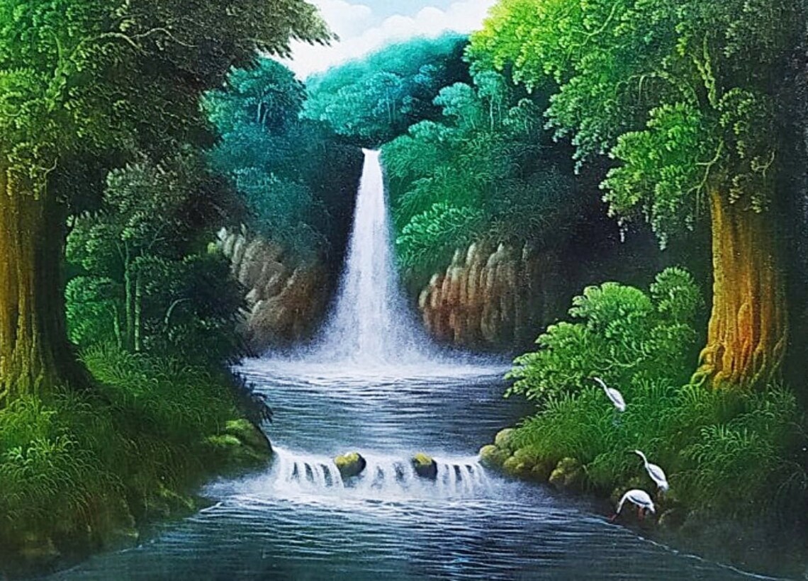 Waterfall Painting With Natural Nuance And Trees - Image 5