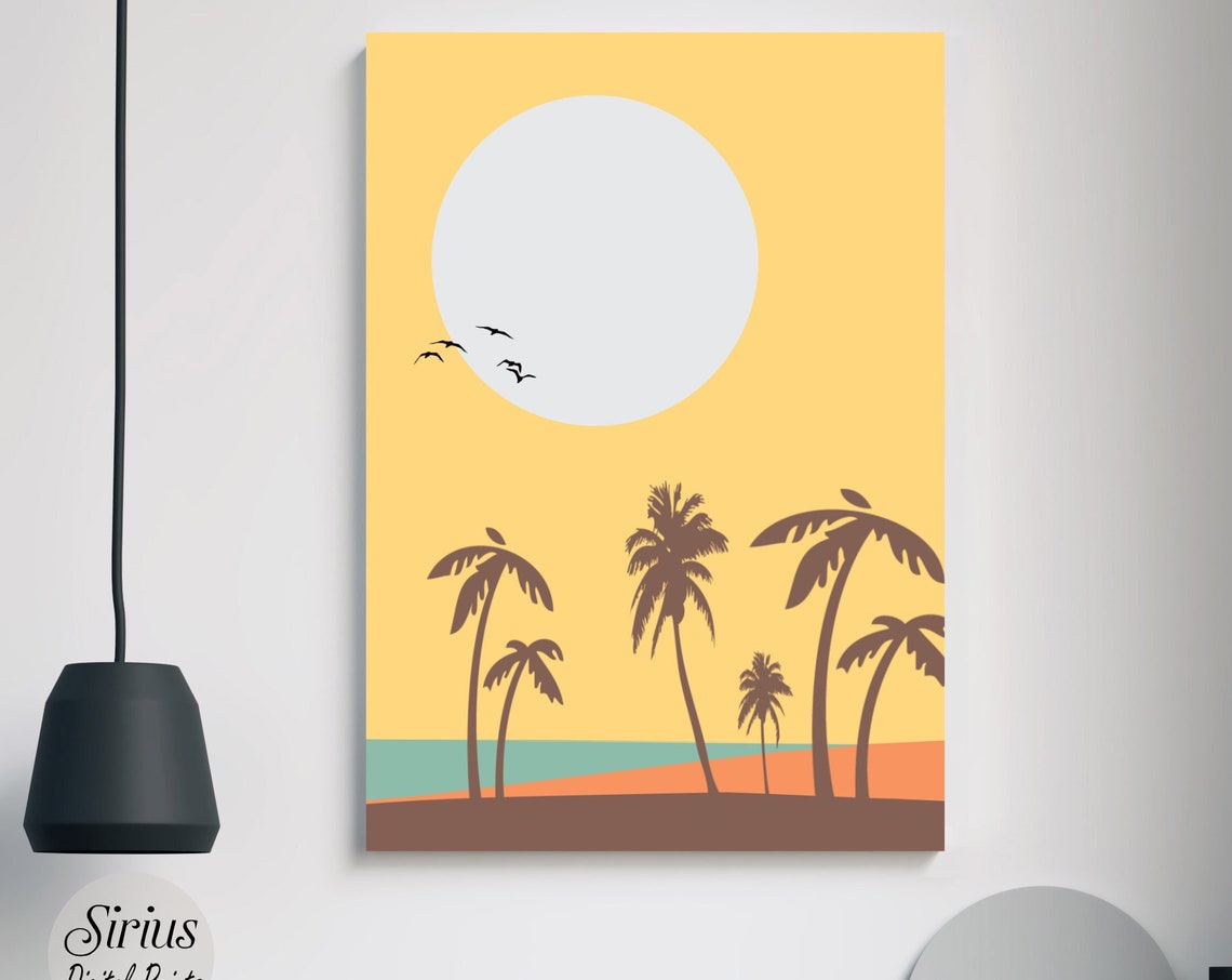 Retro Palm Tree Sunset Minimalist Yellow Sky Beach Art Poster