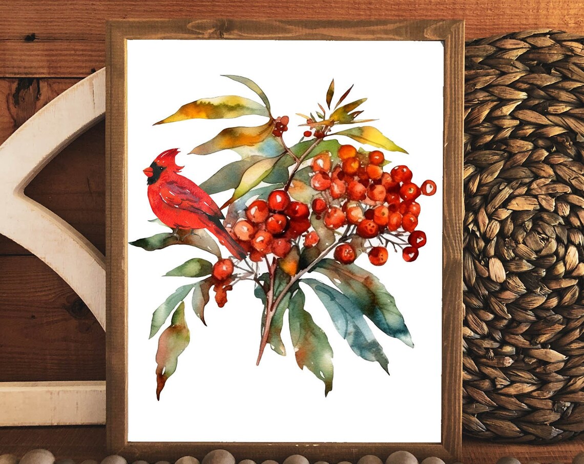 Red Cardinal On Winter Berry Branch Watercolor Bird Wall Art