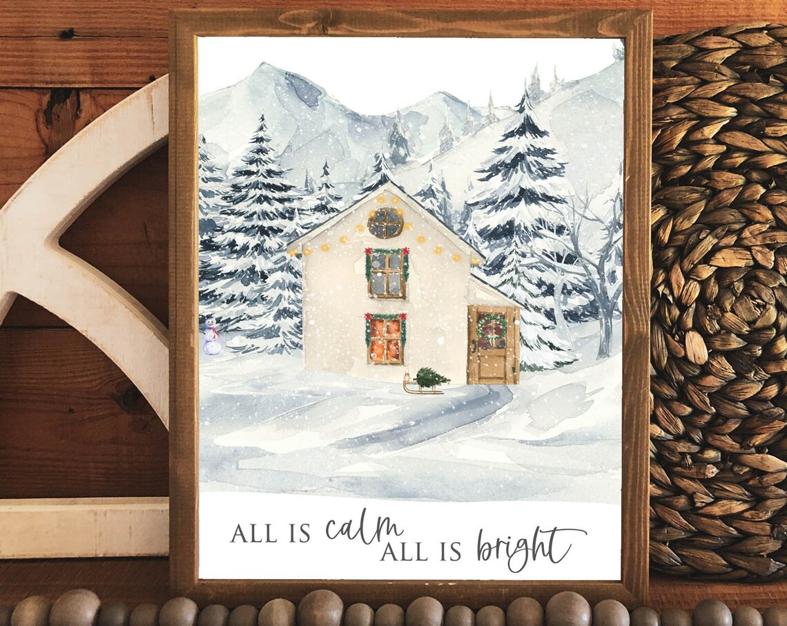 All Is Calm All Is Bright Snowy Cottage Christmas Hymn Wall Art - Image 3