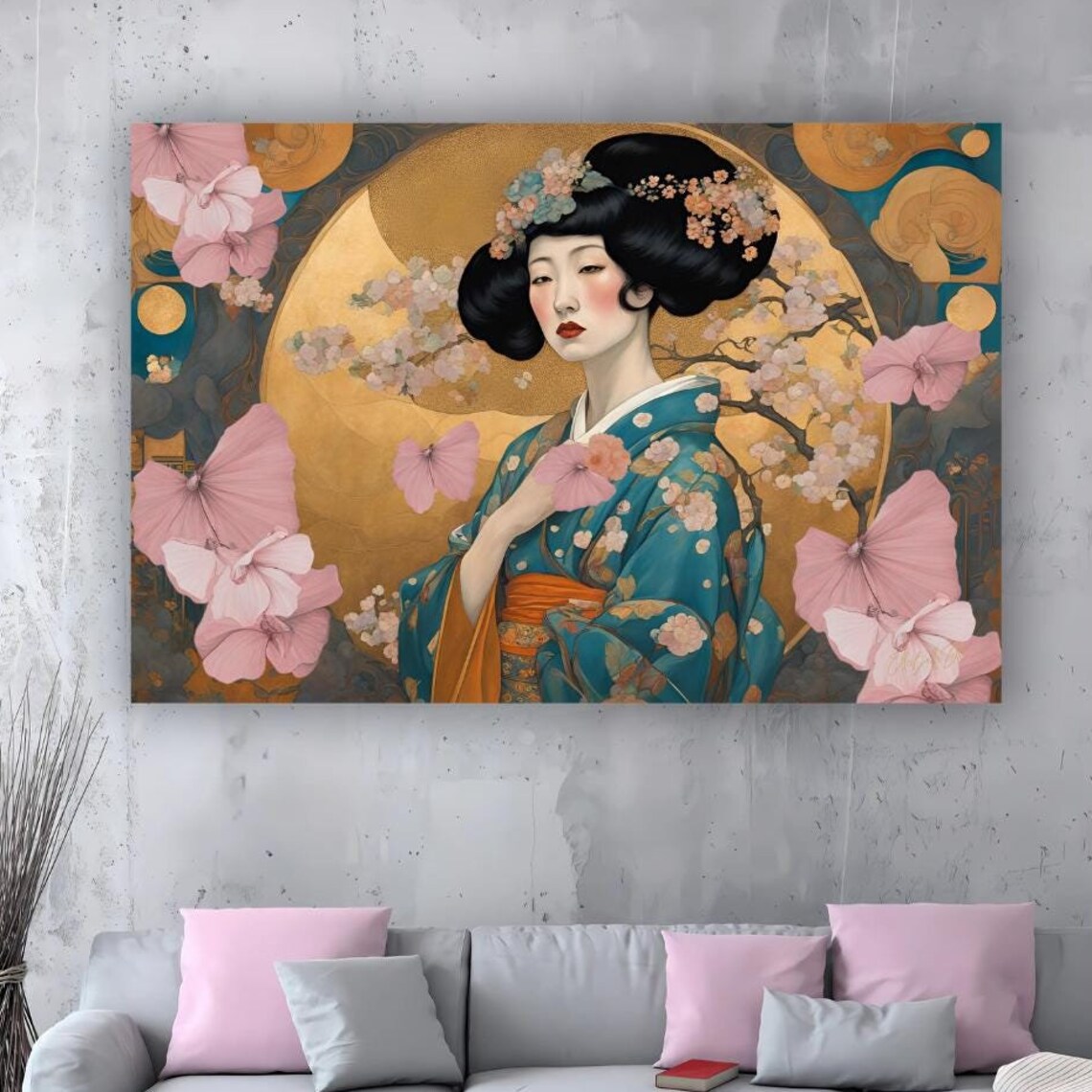 Art Nouveau Geisha Teal Kimono Gold Halo Cherry Blossom Wall Art