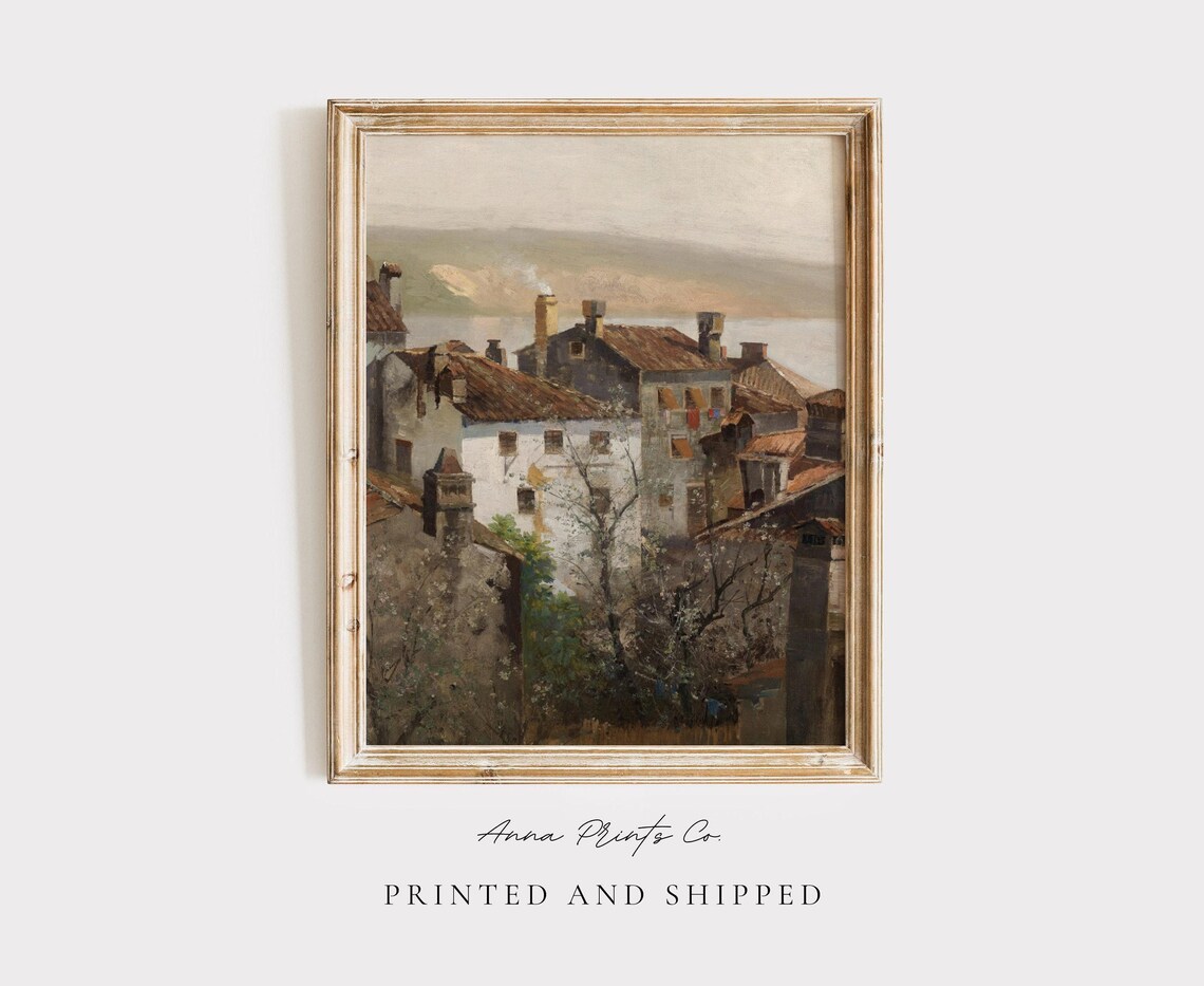 European Town By The Sea, Vintage Cityscape Art Print