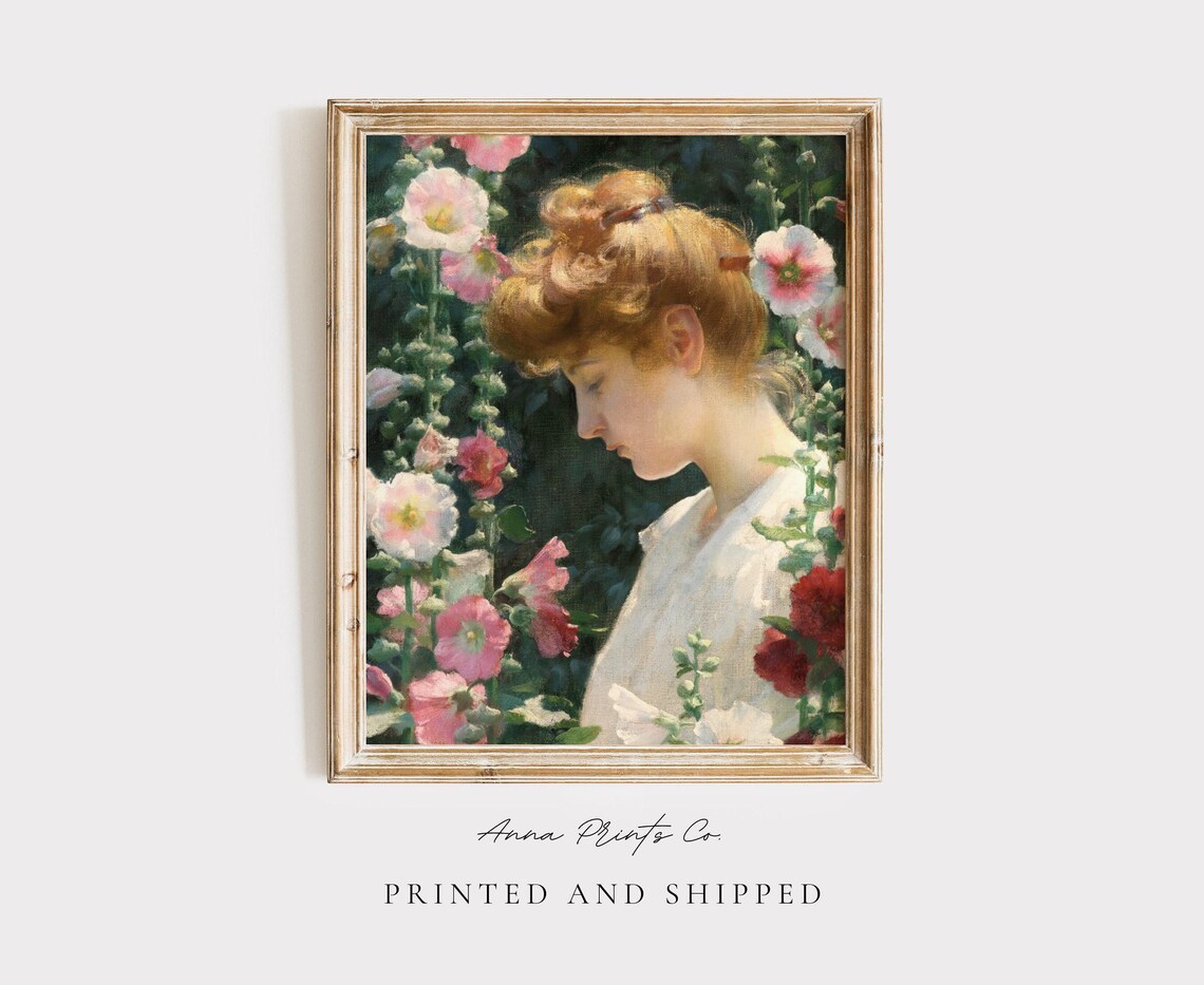 Woman Among Hollyhock Flowers Vintage Painting Print Garden Wall Art