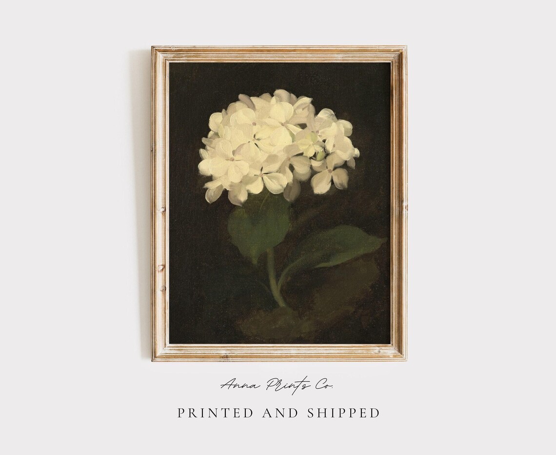 White Hydrangea Vintage Floral Art Print, Cottagecore