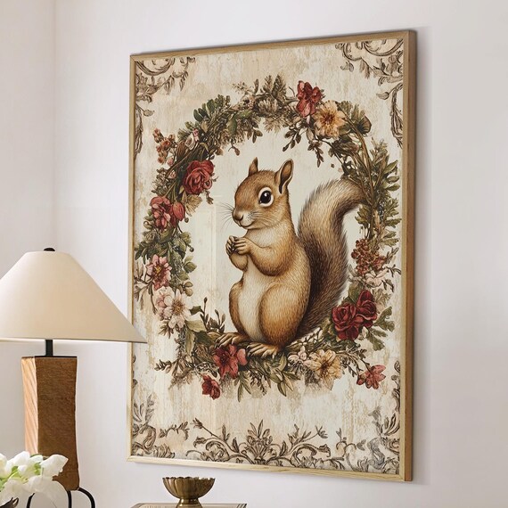 Vintage Squirrel Portrait In Floral Wreath Cottagecore Poster