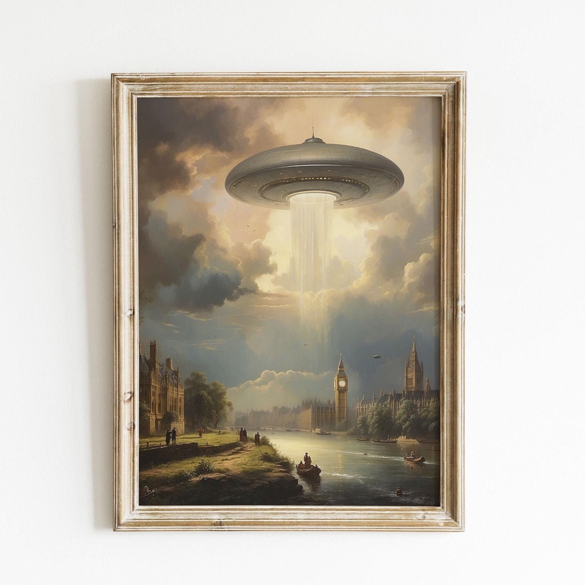 Ufo Saucer Over Victorian London Thames Beam Oil Painting Poster