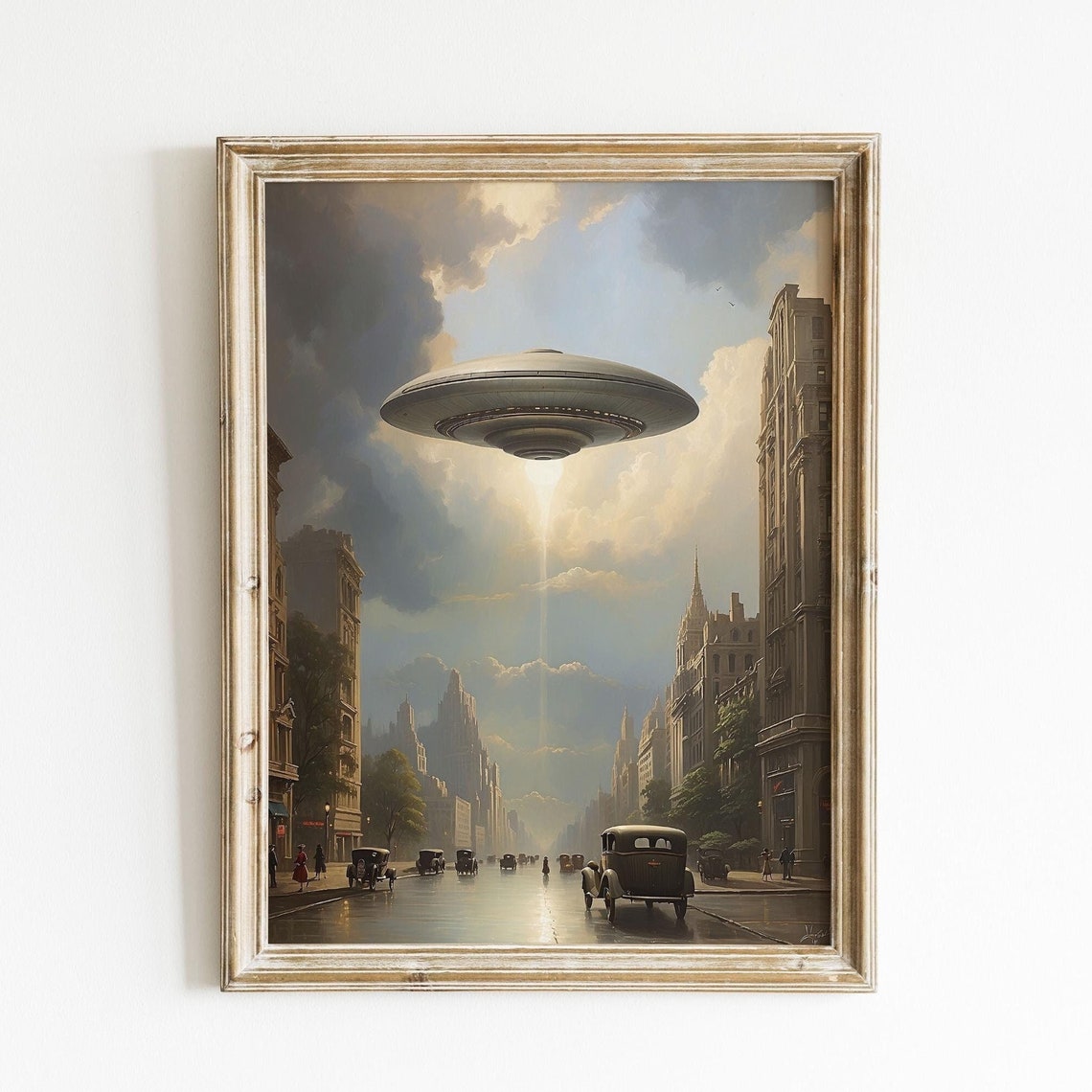 Ufo Over 1930s New York Vintage Cars Light Beam Sci Fi Art Poster