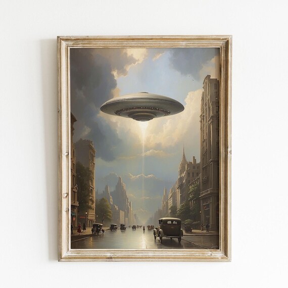 Ufo Over 1930s New York Vintage Cars Light Beam Sci Fi Art Poster