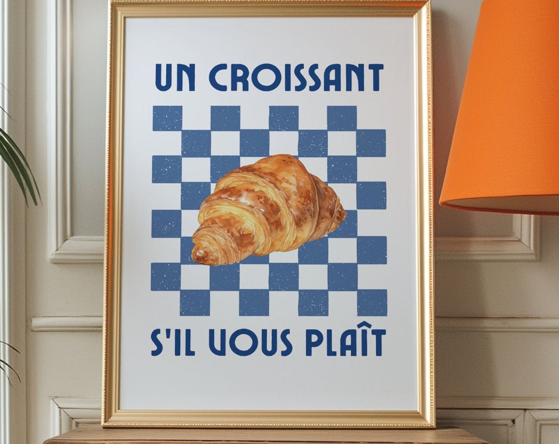 Un Croissant French Cafe Bakery Blue Checkered Kitchen Art Poster