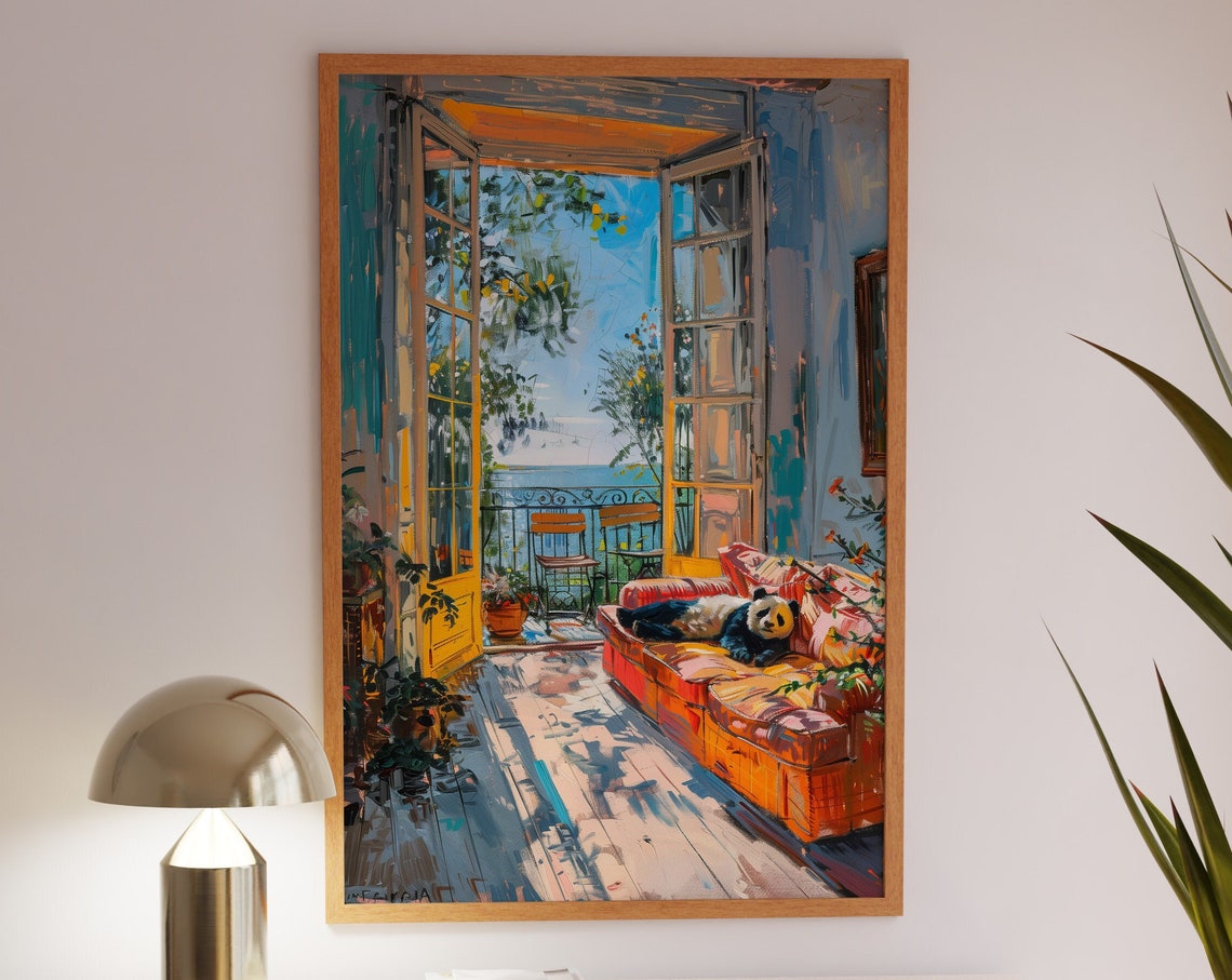 Adorable Sleepy Panda Napping on an Orange Sofa by Sea Poster