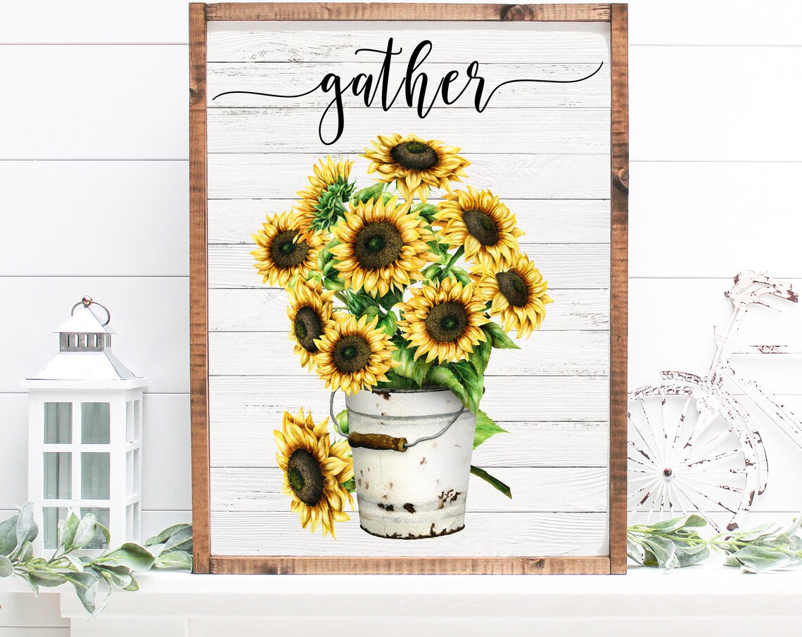 Gather Script Sunflowers in White Enamel Bucket Watercolor Sign Poster